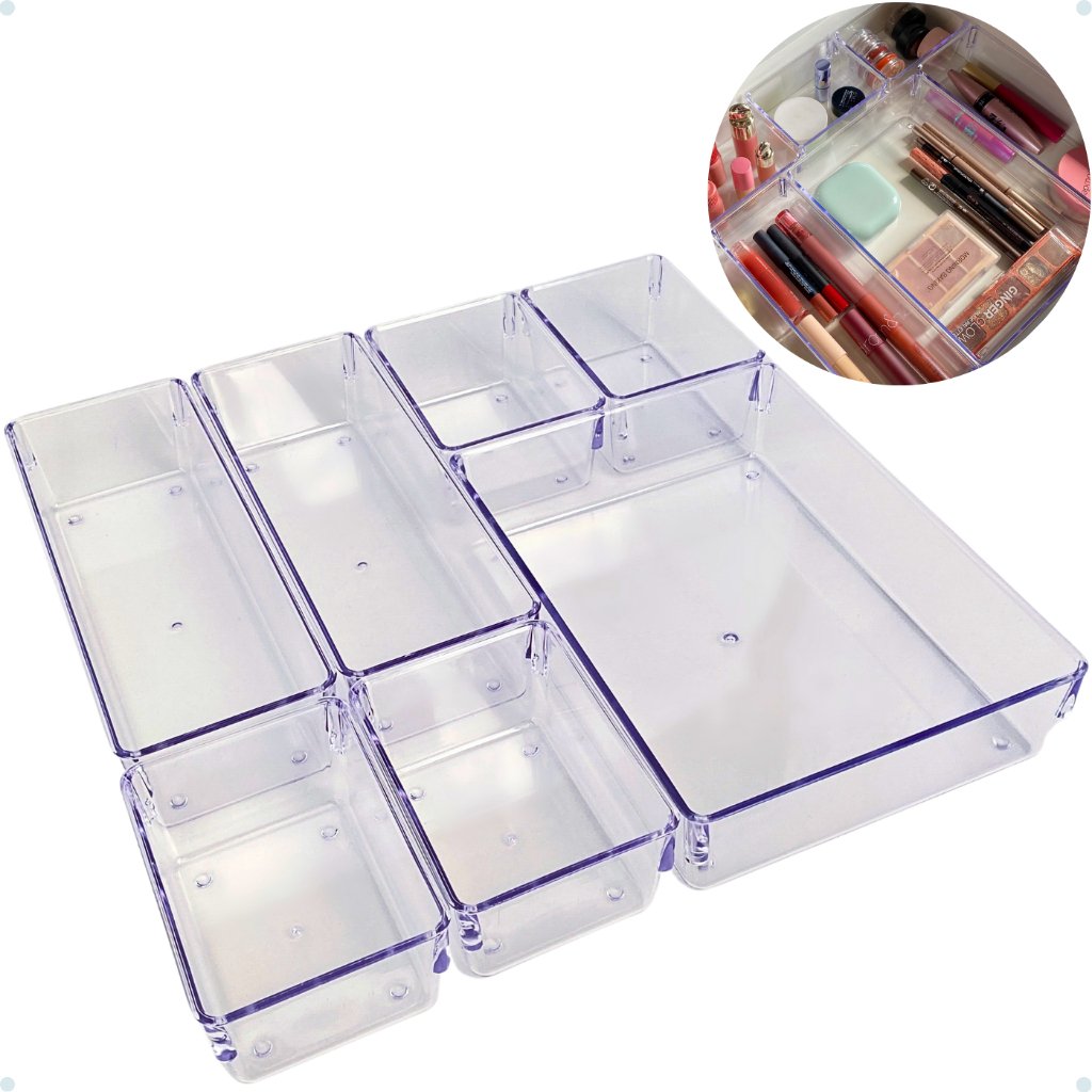 Kit 7 Organizadores Multiuso para Gavetas Armários Geladeiras Pote Acrílico Cristal e Fumê Plastutti