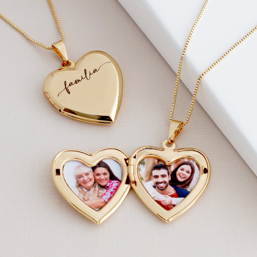 Colar feminino relicário coração personalizado com foto e gravado nome banhado a ouro 18k presente