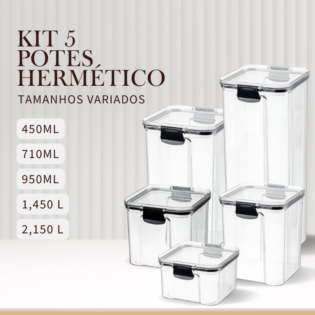 Kit 5 Potes Herméticos Organizador Empilhavel Mantimentos Com Lacre Vedação
