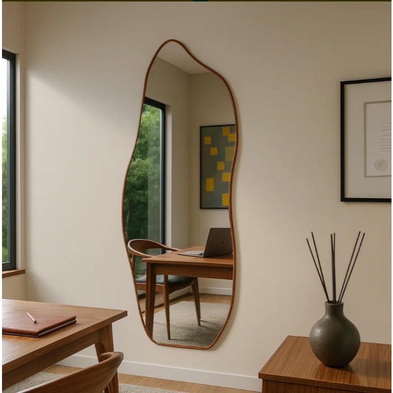 Espelho Grande Orgânico Com Moldura Em Couro Corpo Inteiro Lançamento Para Quarto Sala Banheiro Hall Moderno