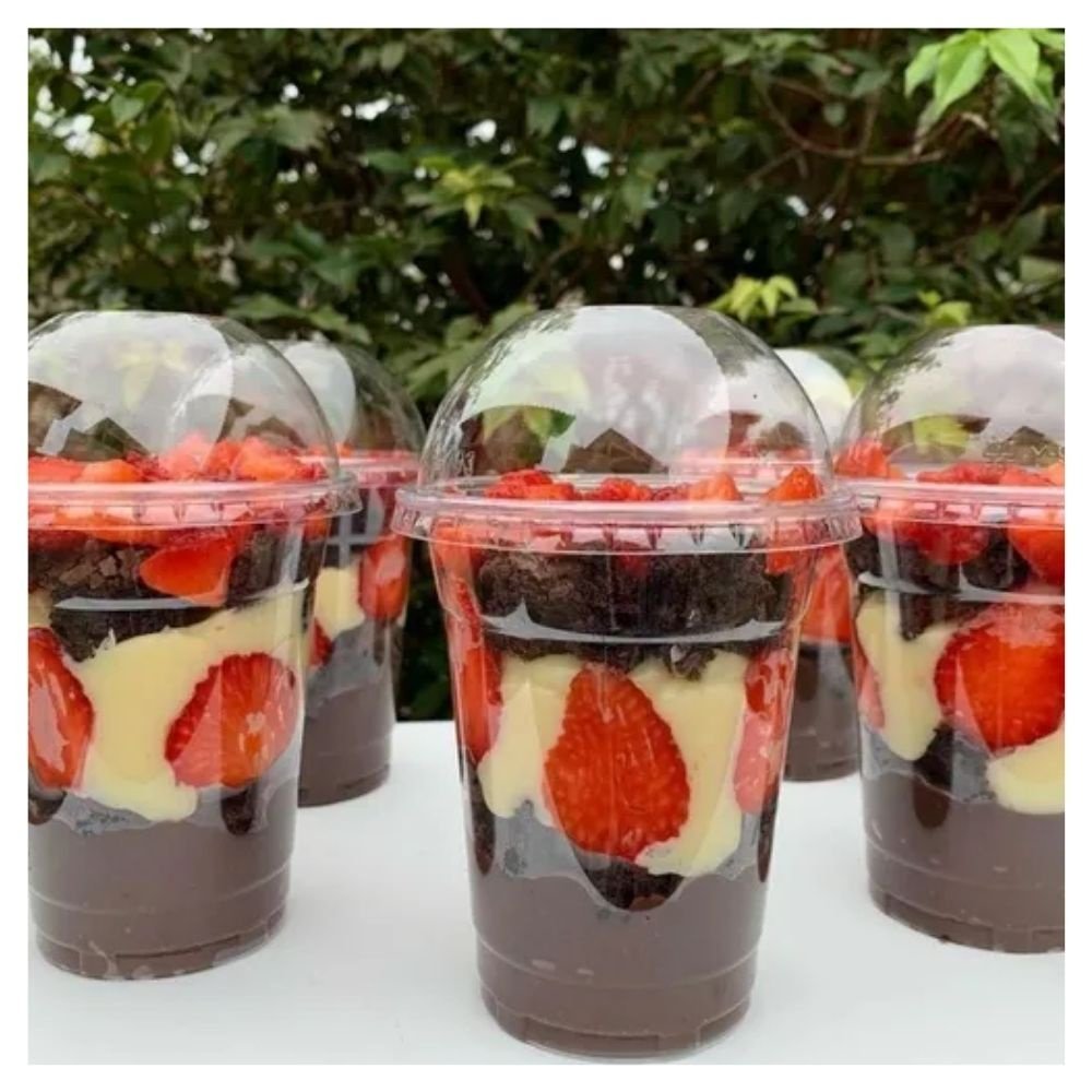 50Un Copo Tampa Bolha Furo Embalagem Festa Doce 330ml Doces Sobremesa Gourmet Pote da Felicidade