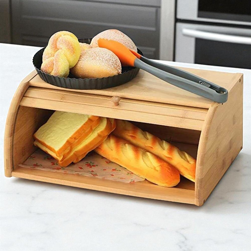 Porta Pão Cesto Pães Bolacha Biscoito Organizador MDF Tampa Retrátil Decoração Cozinha Organização