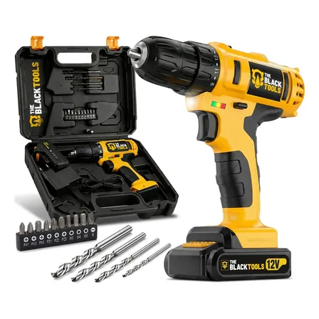 Furadeira Parafusadeira Sem Fio A Bateria Tb-12e 12v 3/8 10mm Com Maleta E Acessórios The Black Tools Amarelo/preto 127/220v 60