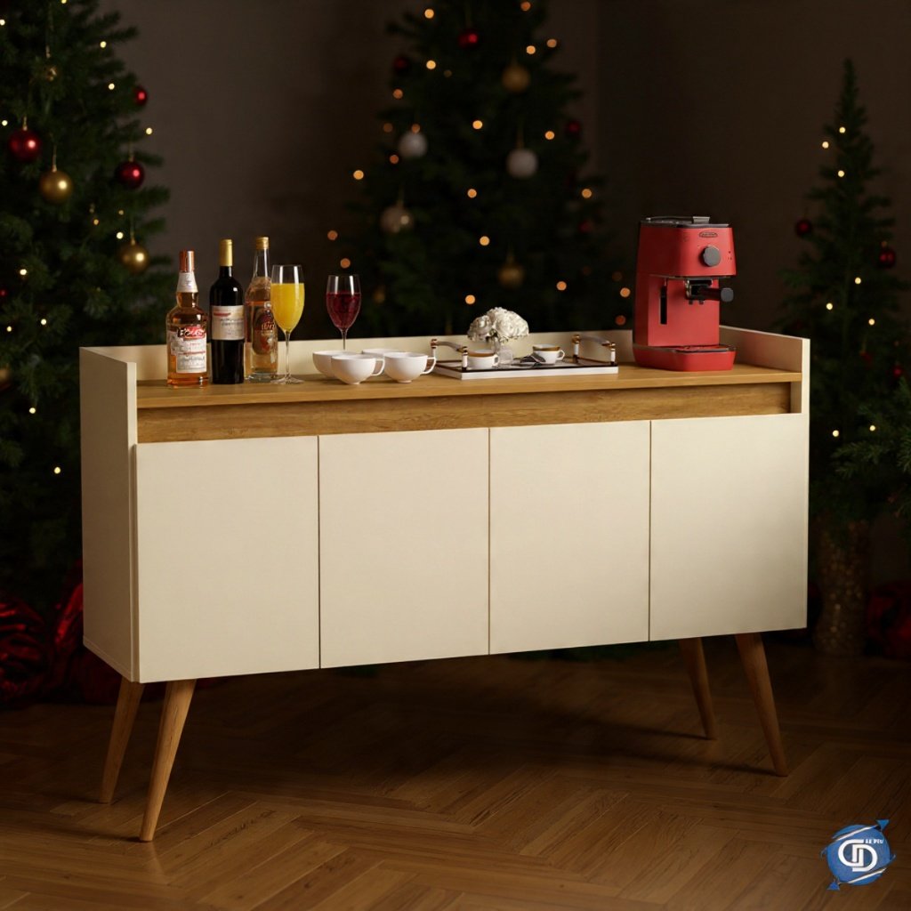 +Aparador Buffet Retrô Sala Pés Palito Em Madeira Maciça  Elegance 4 Portas Prateleira Interna