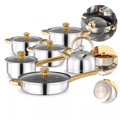 Conjunto de 12 peças de panela antiaderente de aço inoxidável: 5 panelas de sopa e 1 frigideira, tratamento de superfíci