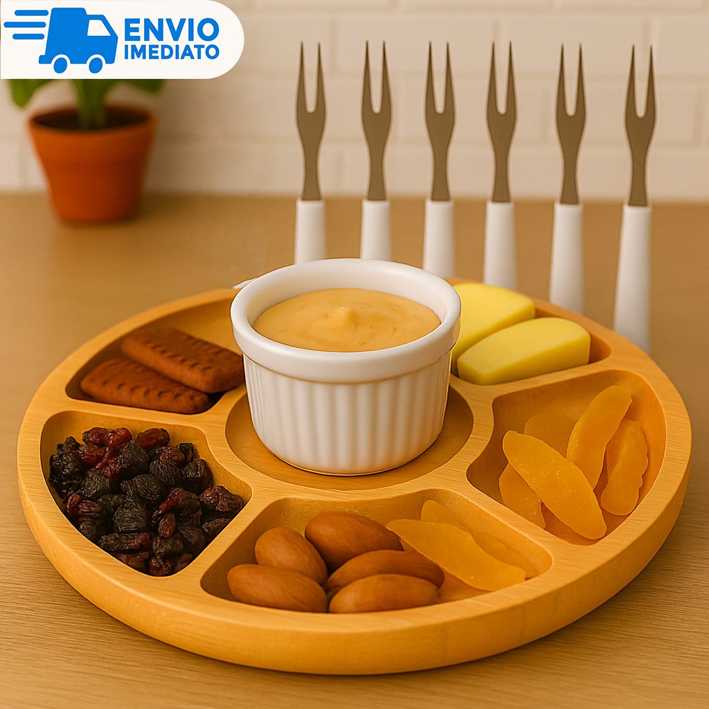 Kit Petisqueira + Molheira Ramekin e 6 Garfinhos para Petiscos Frios Queijo Churrasco