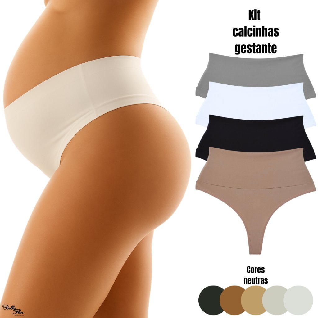 Kit com 5 ou 3 Calcinhas Cós Alto Gestante Grávida Pós Parto Fio Duplo Não Marca CORES NEUTRAS