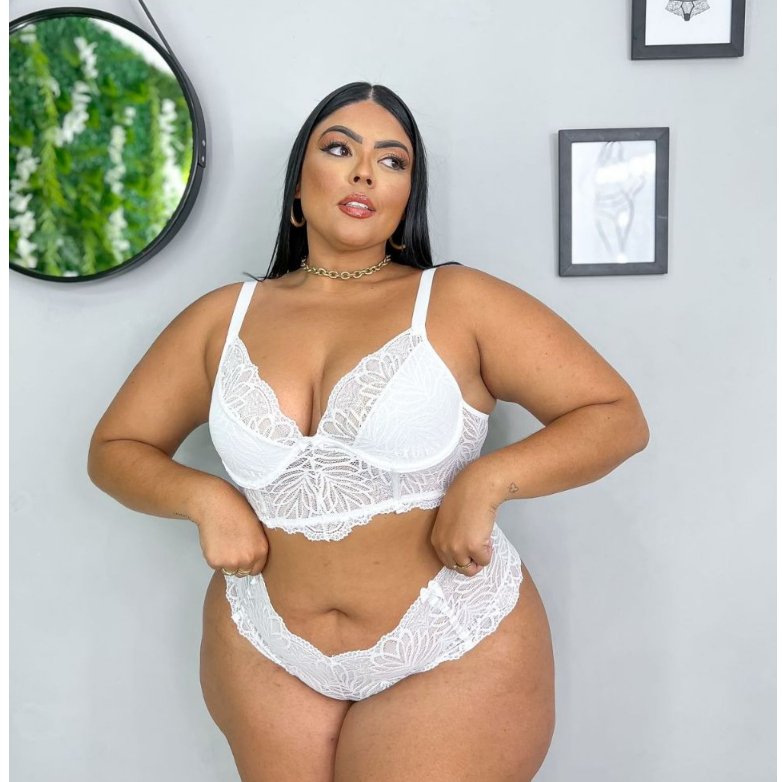 Lingerie Plus Size com Alça Reforçada Croped e Caleçon Conjunto Plus Size