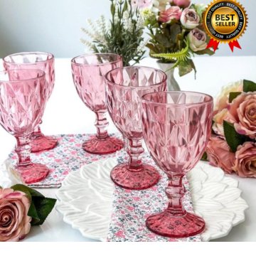 Jogo De Taças Diamante Diamond PREMIUM De Vidro ROSA Água Suco 330ML