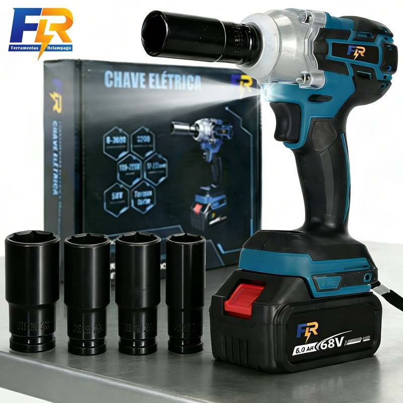 Chave de Impacto Elétrica Sem Fio 3 em 1 Com 68V Bateria Motor Brushless Kit Completo Acessórios