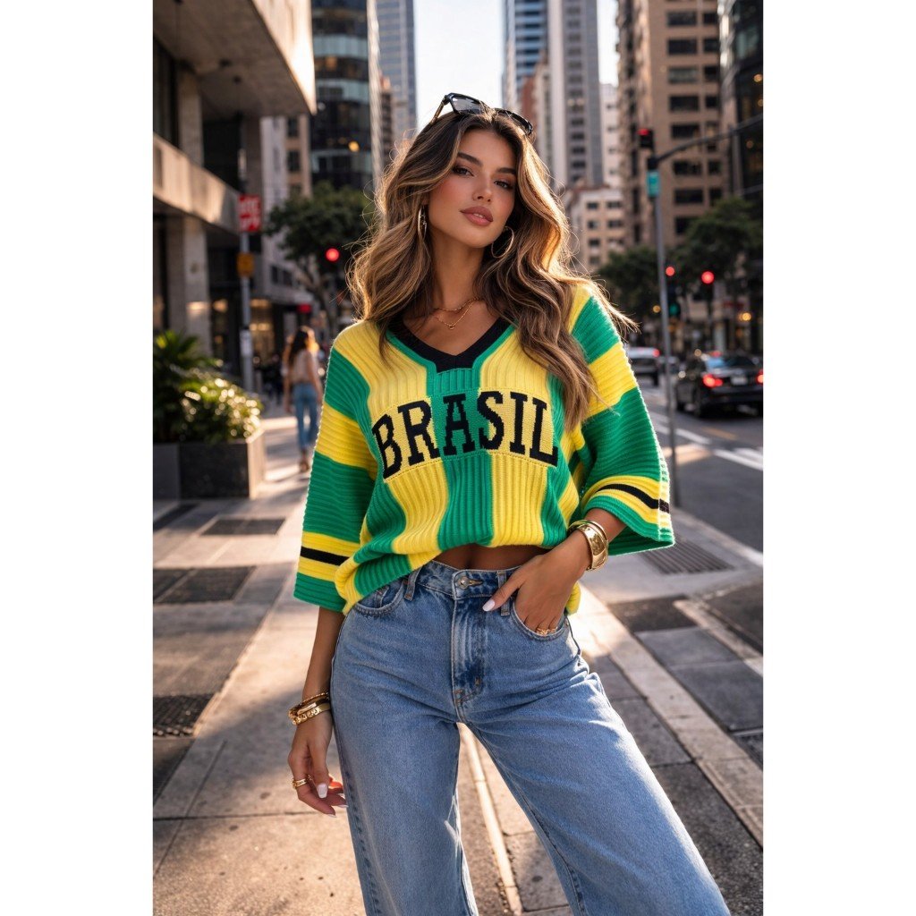 Blusa do Brasil Feminina Tricot Estilosa Elegante Tendência Copa Tricô