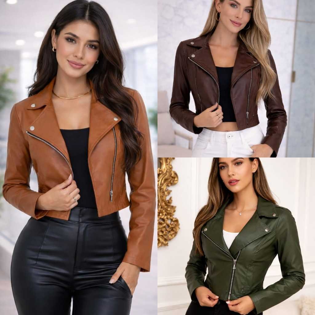 Jaqueta Luxo De Couro Feminina Com Zíper Elegante Moda Inverno