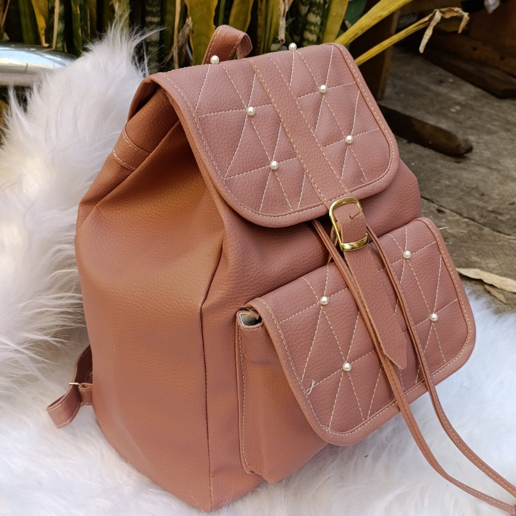 Mochila Feminina Casual Moderna Bordada com Pérolas Couro Sintético Impermeáve
