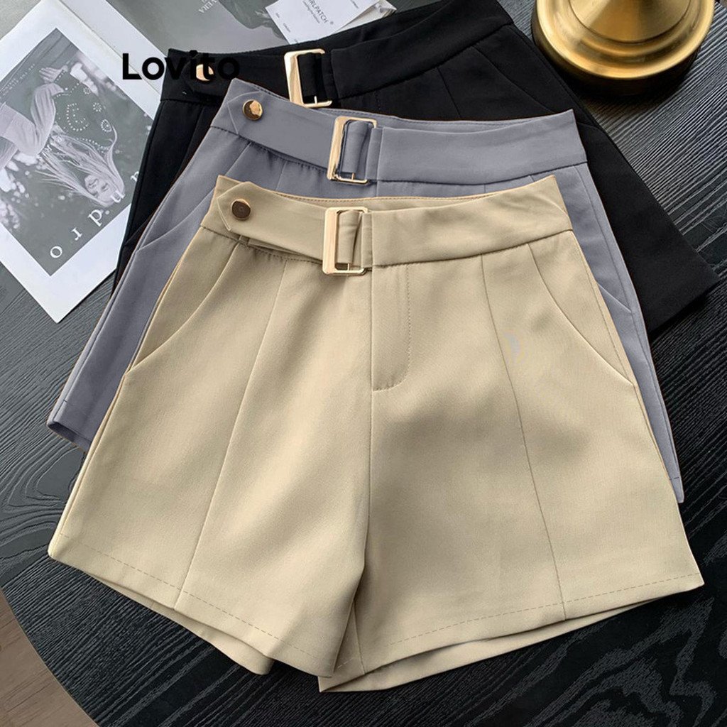 Lovito Shorts Casuais De Verão/primavera, Lisos, Assimétricos, Com Bolso De Metal, Para Mulheres LNL48148