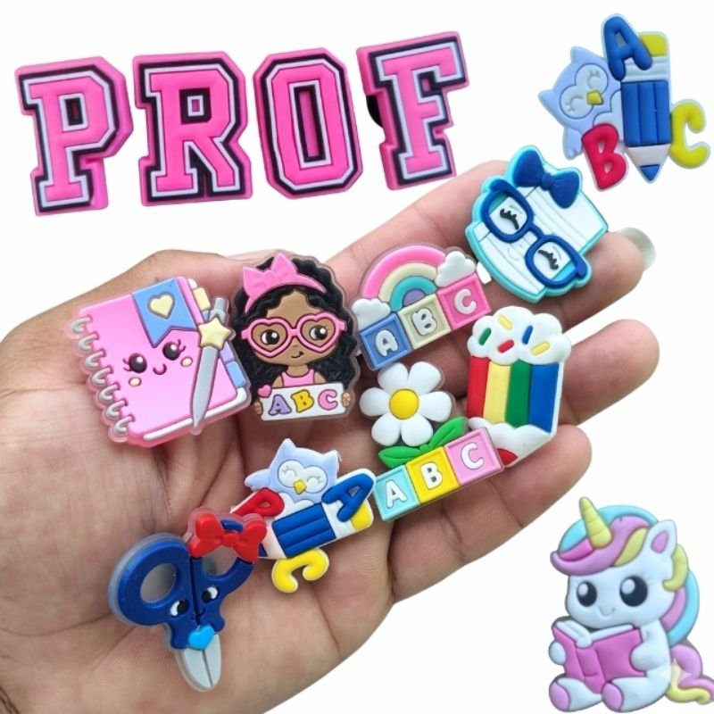 Kit 10 Pins BOTONS PROFESSORA Enfeites para Sandália babuche Letras Acessórios fácil de colocar (Kit PROF)
