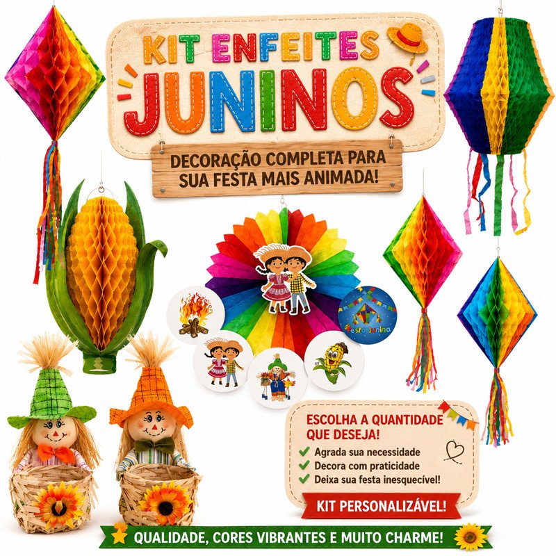 Kit Enfeites de Pendurar Junino 3D Colorido de Papel Balão Bola Arraia Festa Junina Juliana