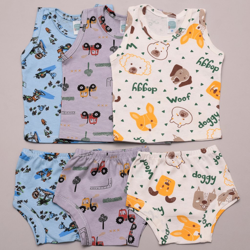 Kit 6 Peças 3 Regata 3 Short Bebe Malha Verão Tapa Fralda Algodao Estampado Menino Menina