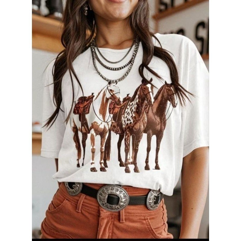 Camisa Feminina Country com estampa de cavalos Malha Algodão
