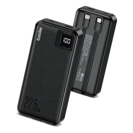 Power Bank Basike 20000mAh Preto, Carga Rápida 22.5W para iPhone e Samsung, Com Cabos Embutidos e Display