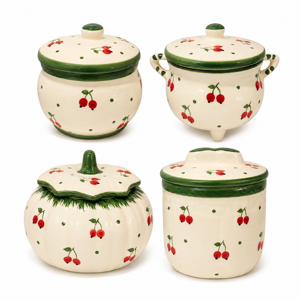 🍒 Potes Decorativos De Cerâmica Esmaltada – Cereja | Decoração