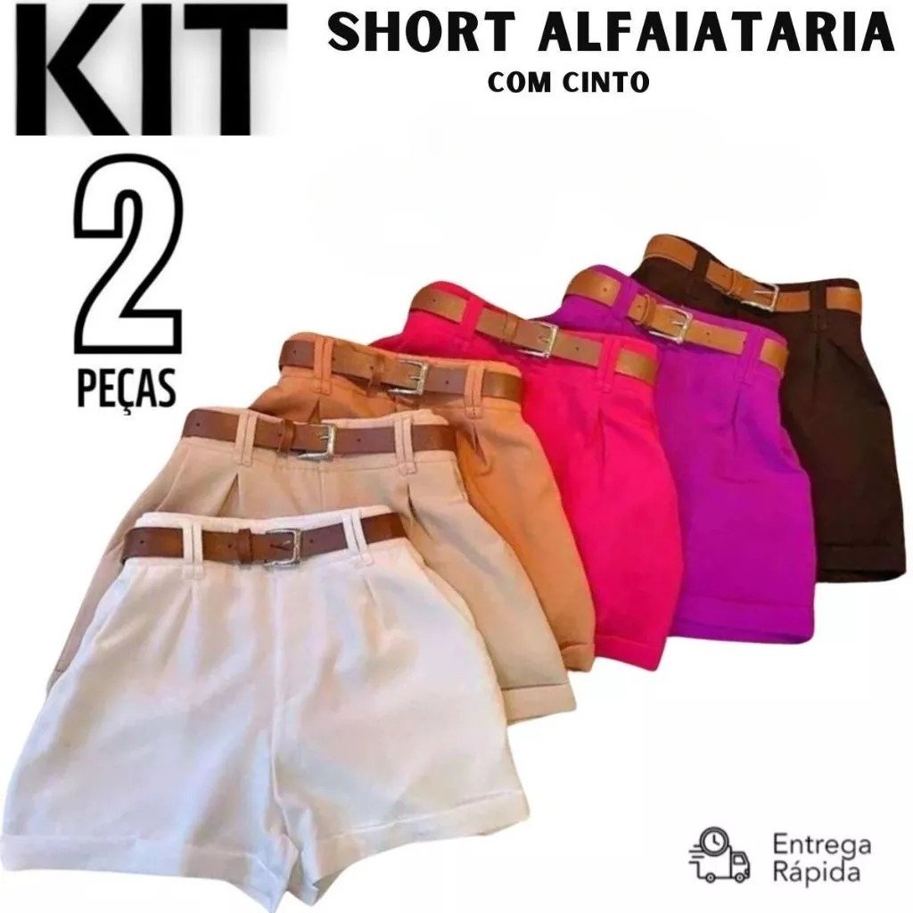 Kit 2 Short Feminino Alfaiataria Social com dois Cinto Cintura Alta PROMOÇÃO