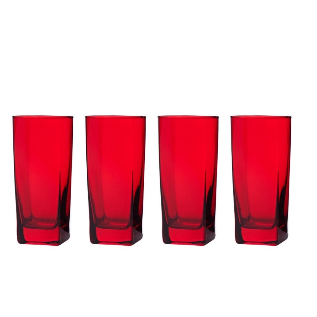 4 Copos Texas Quadrado Vidro Vermelho Mesa Posta 320ml