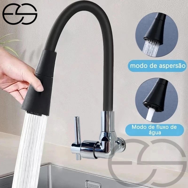 Torneira Gourmet Flexível Cozinha Parede Vertical Preto Prata ES