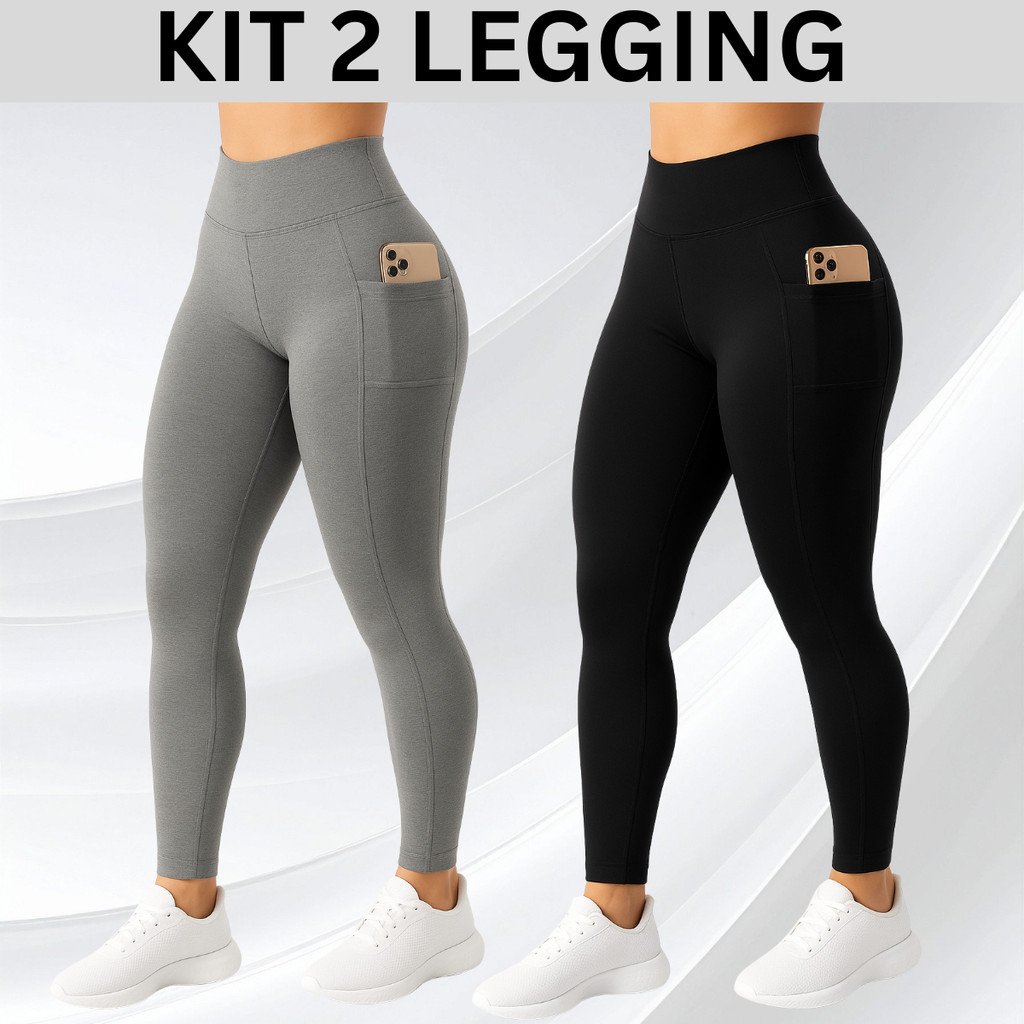 2 Calças Legging com Bolso Lateral Suplex Cós Alto Largo Academia Crossfit Verão Fitness