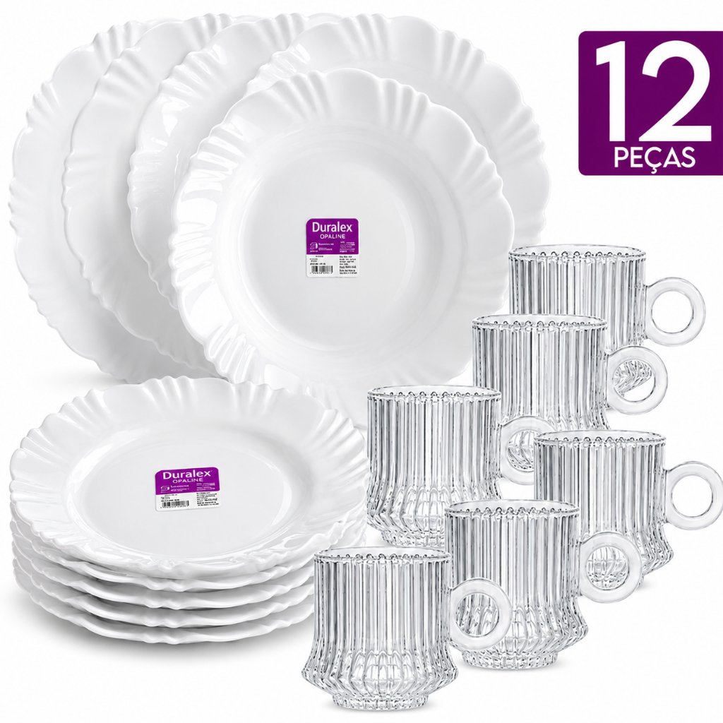 Kit 12 Peças Duralex Opaline 6 Pratos Petala Fundo Vidro Branco e 6 Xícaras Robust Canelada Buffet
