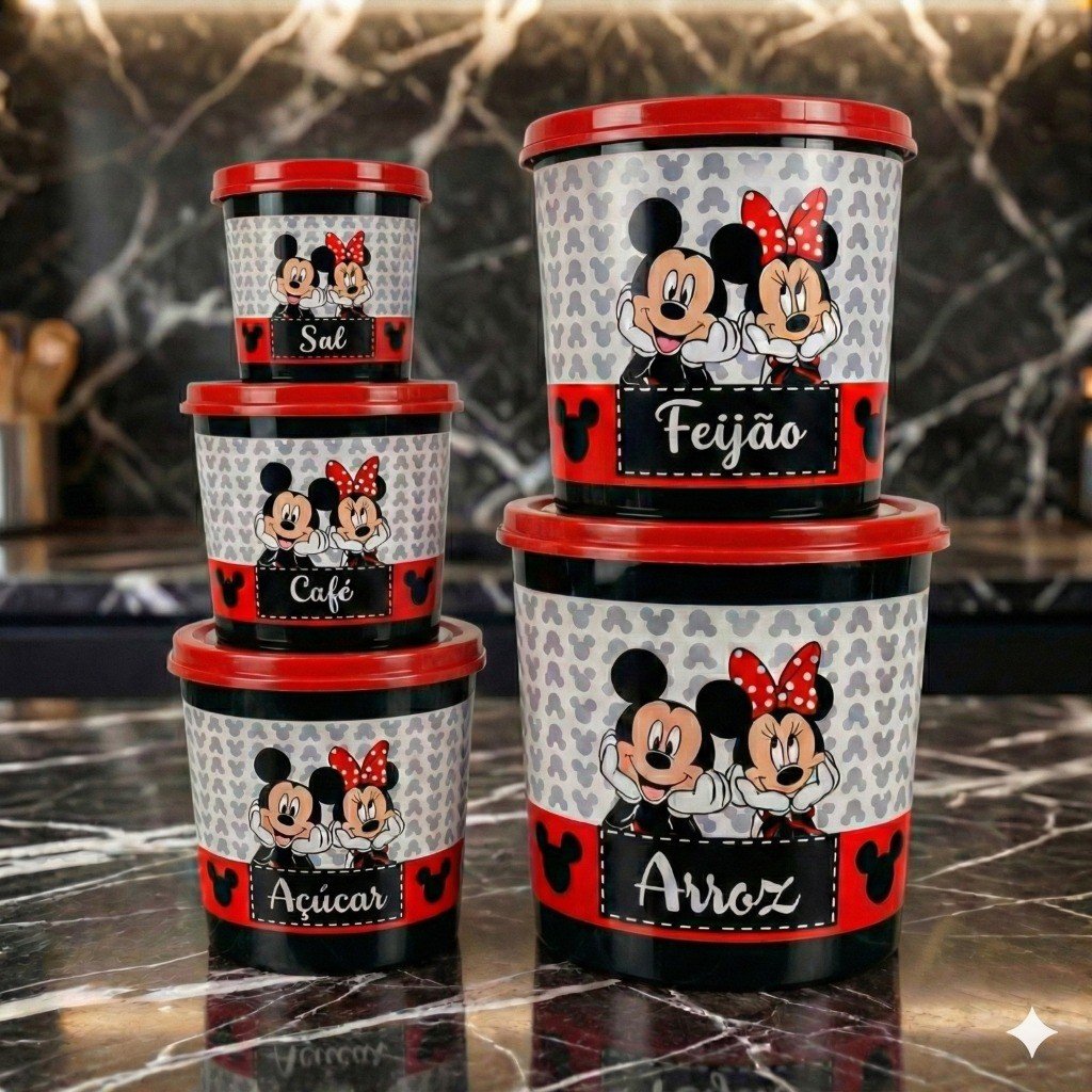 Kit 5 Potes Mantimentos Arroz Feijão Café Açúcar Sal Mickey e Minnie