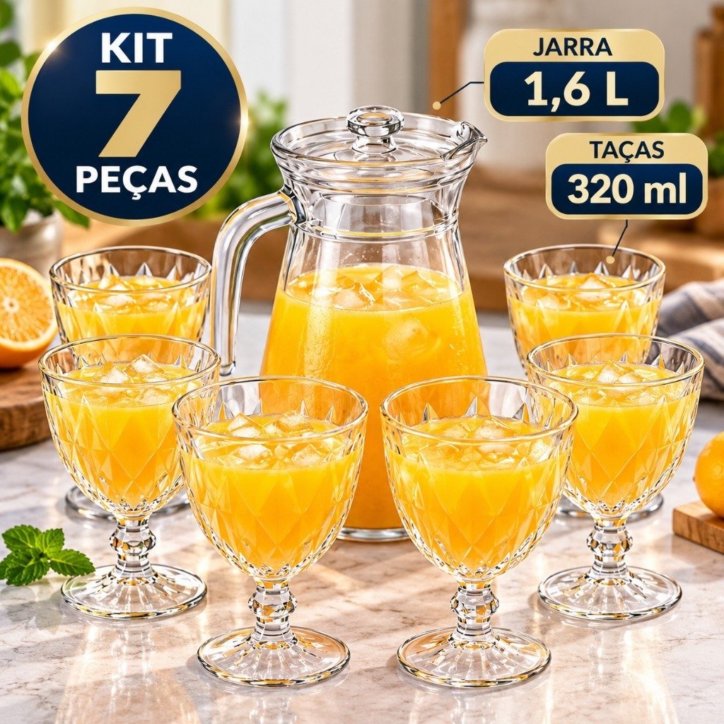 Kit Jarra de Vidro 1,6L com Tampa e 6 Taças Diamond 320ml Conjunto 7 Peças